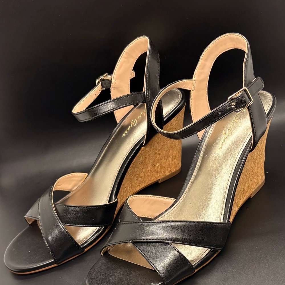 Chic Black Leather Wedge Sandals